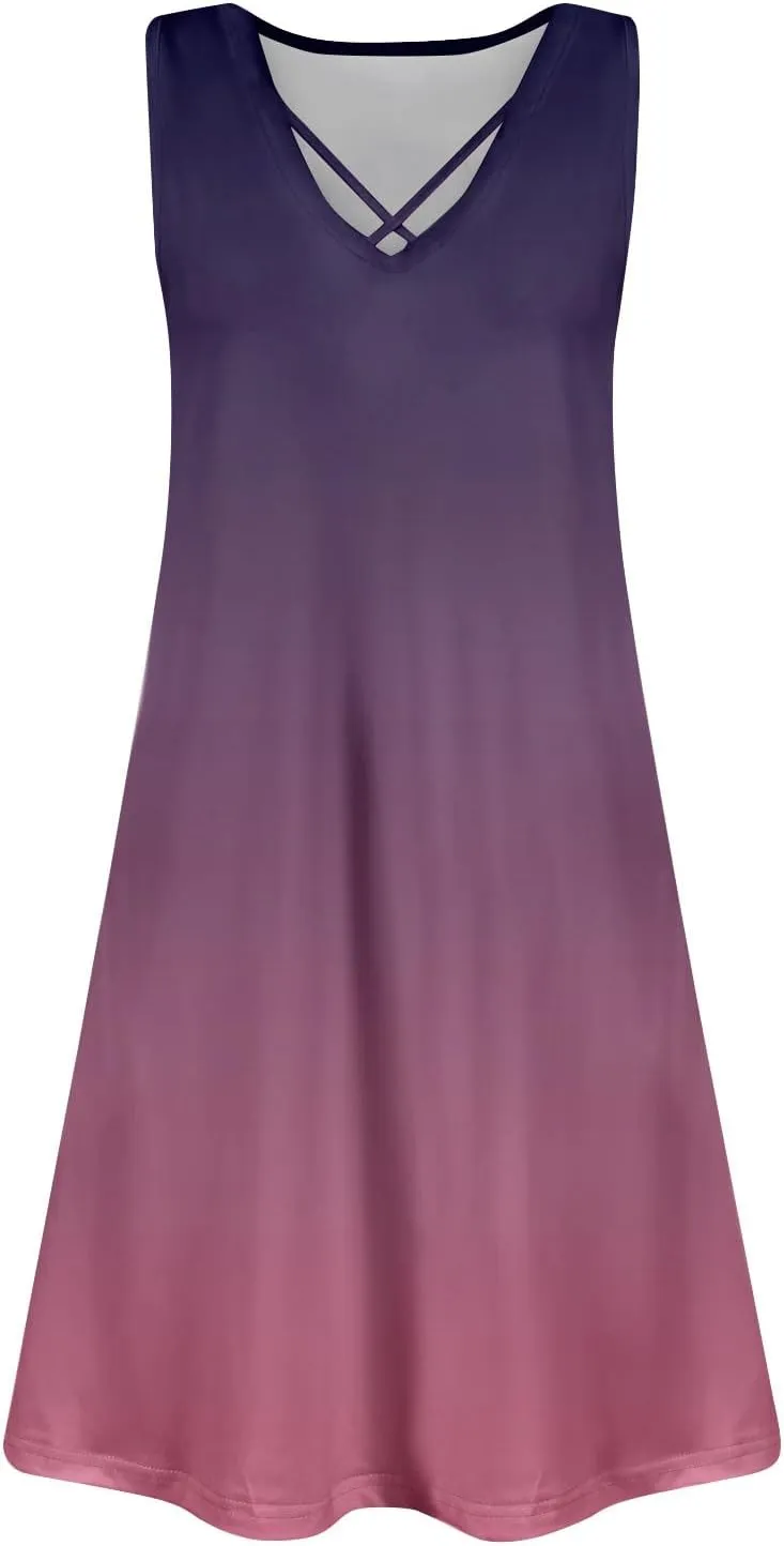 Women's Summer Dresses V Neck Sleeveless Gradient Loose Beach Vacation Casual with Pocketes Short Dress, S-3XL