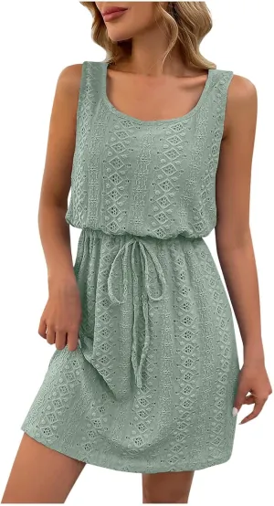 Womens Summer Eyelet Textured Tank Dresses Casual Scoop Neck Sleeveless Elastic Waist Short Mini Dress Beach Sundress