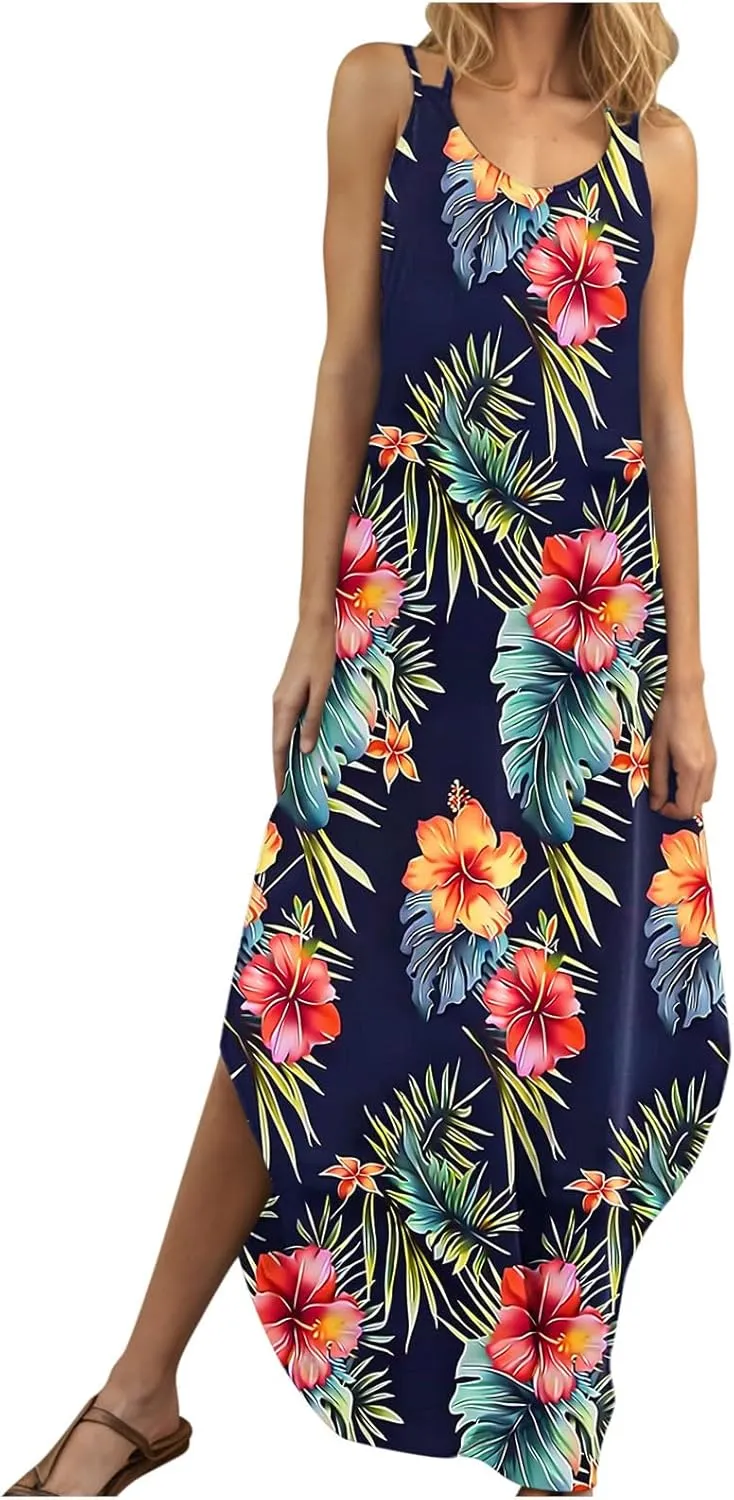 Womens Summer Maxi Dresses Sleeveless Floral Print Boho Tank Dress Vintage Flowy Spring Vacation Beach Sundress 2025