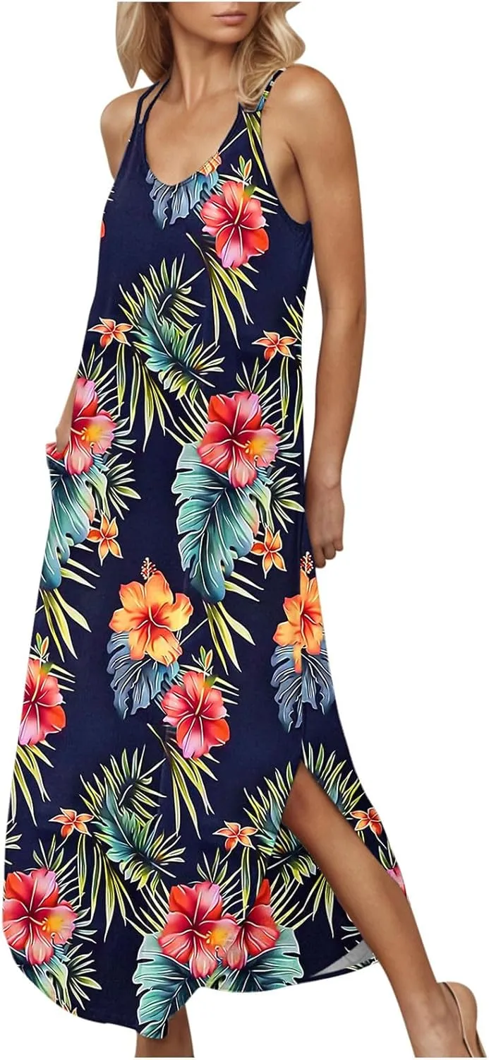 Womens Summer Maxi Dresses Sleeveless Floral Print Boho Tank Dress Vintage Flowy Spring Vacation Beach Sundress 2025