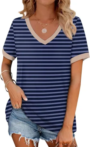 Womens Summer Tops Dressy Casual V Neck Short Sleeve Striped Color Block T Shirts Daily Going Out Blouses