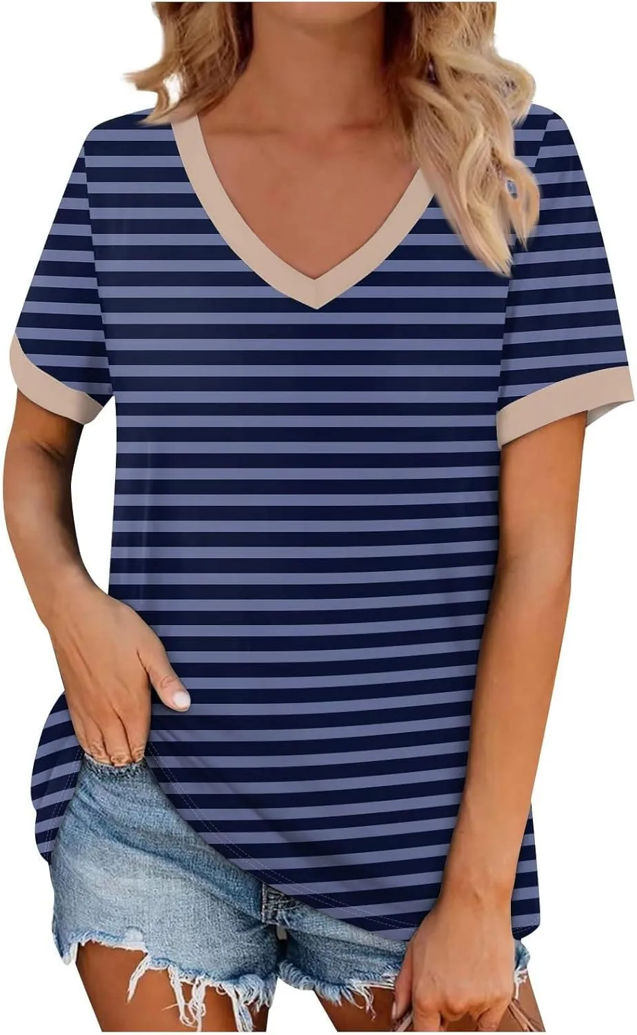 Womens Summer Tops Dressy Casual V Neck Short Sleeve Striped Color Block T Shirts Daily Going Out Blouses