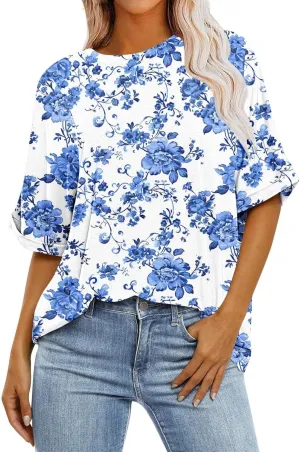 Womens Summer Tops Striped Floral Boho Crewneck Short Sleeve Blouses Trendy Loose Casual Oversized Tshirts for Women