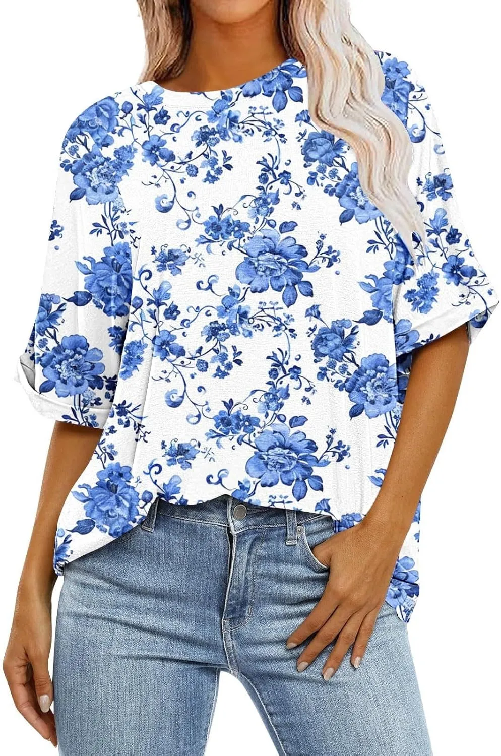 Womens Summer Tops Striped Floral Boho Crewneck Short Sleeve Blouses Trendy Loose Casual Oversized Tshirts for Women
