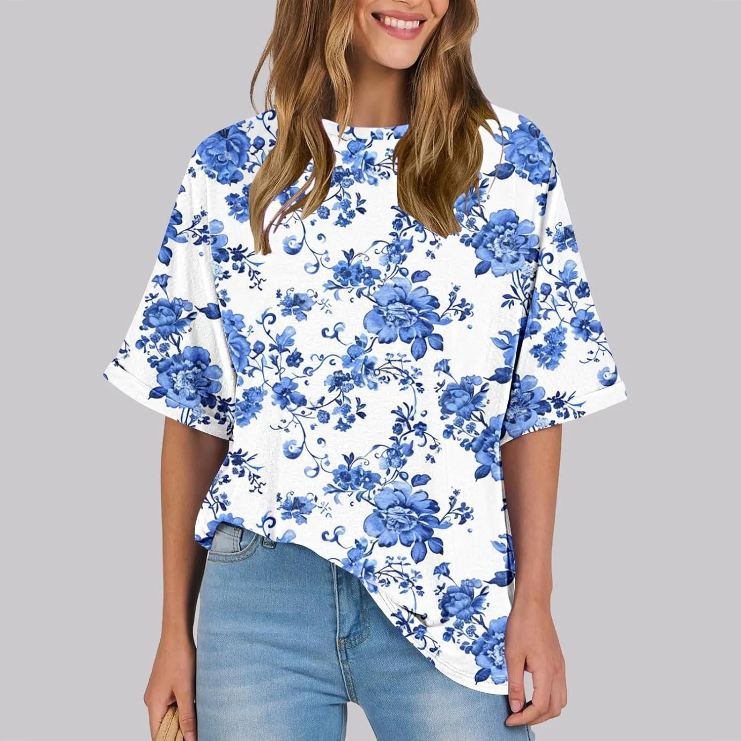 Womens Summer Tops Striped Floral Boho Crewneck Short Sleeve Blouses Trendy Loose Casual Oversized Tshirts for Women