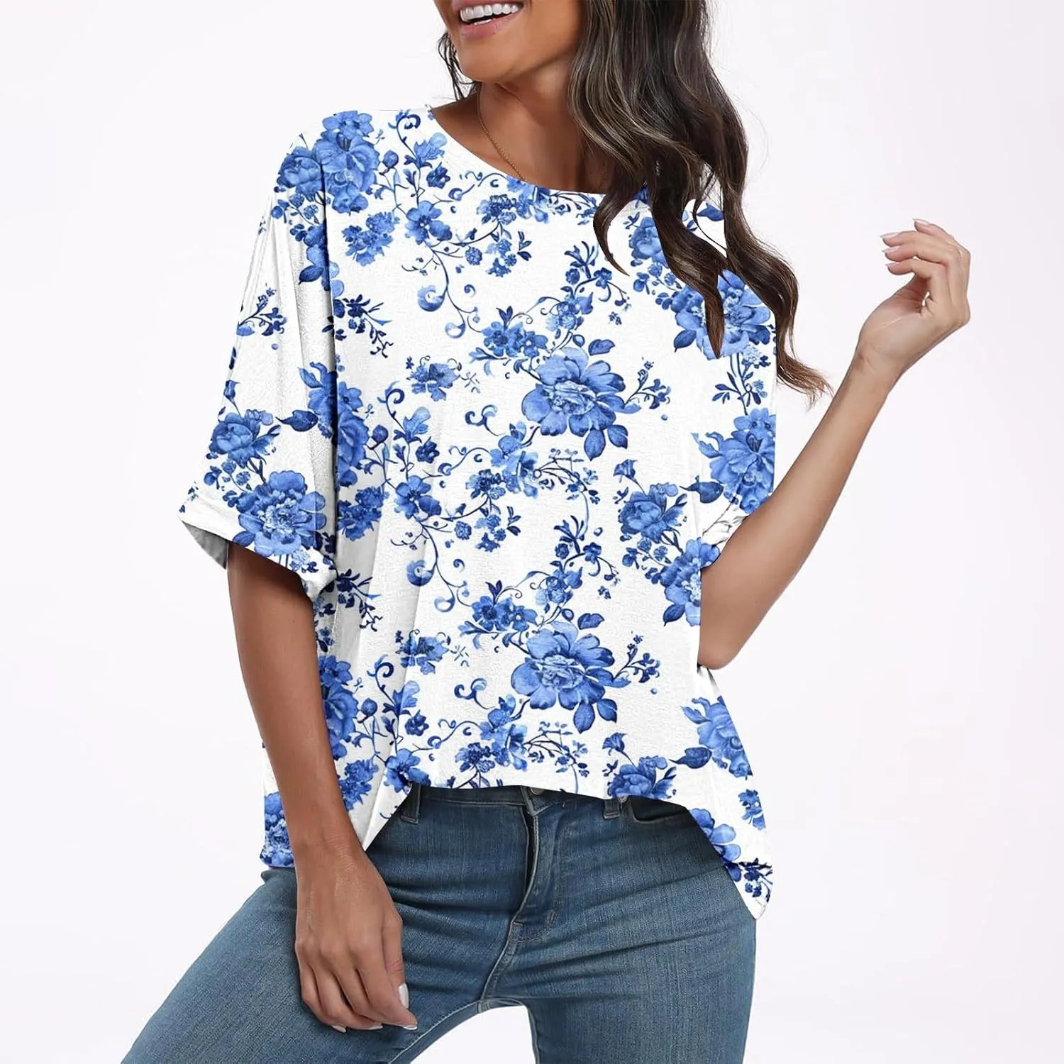 Womens Summer Tops Striped Floral Boho Crewneck Short Sleeve Blouses Trendy Loose Casual Oversized Tshirts for Women