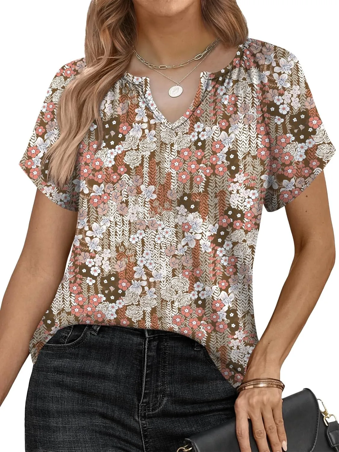 Womens Summer Tops Trendy Casual V Neck T Shirts Short Sleeve Boho Floral Blouses Loose Fit Flowy Tee