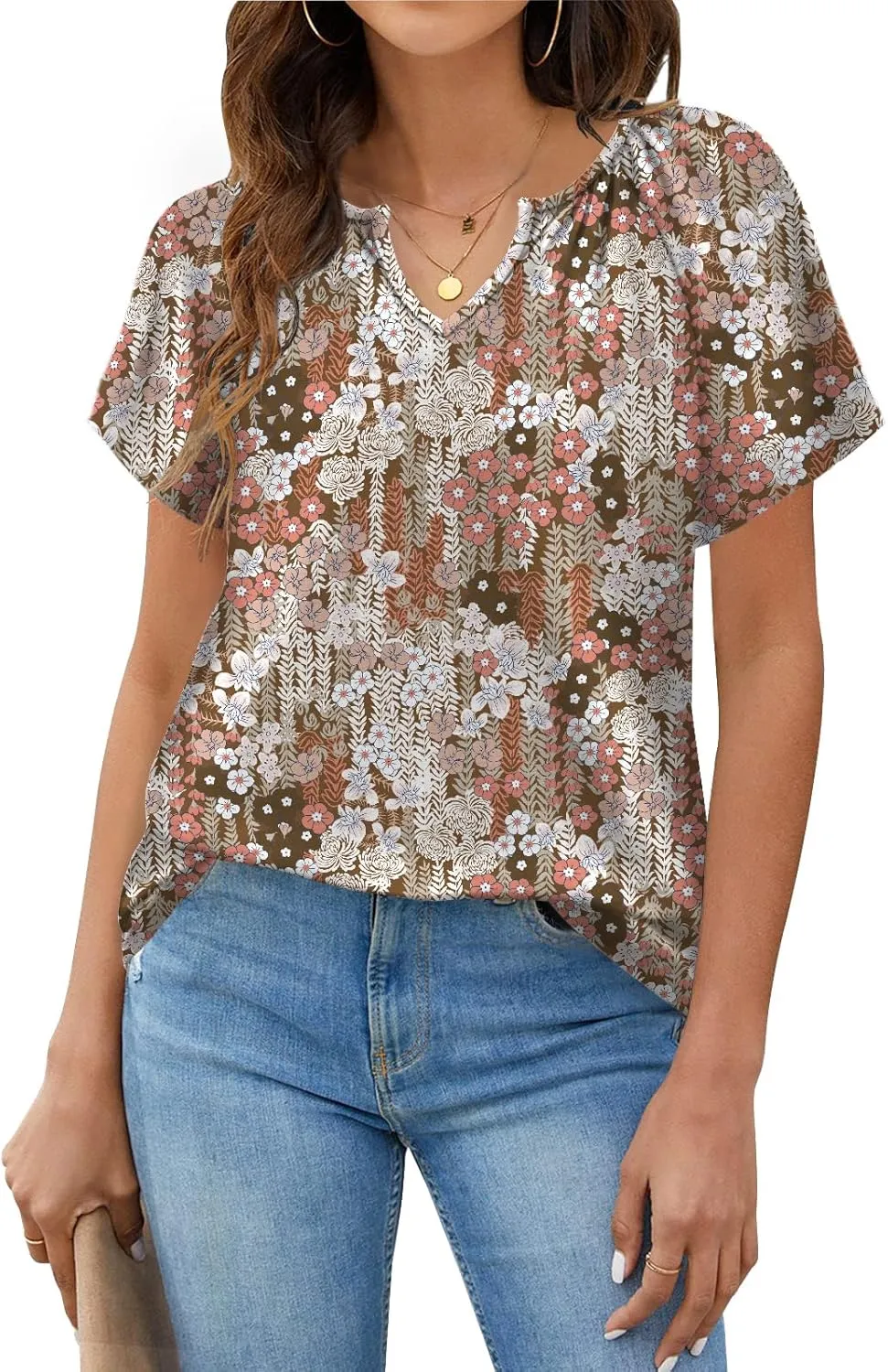 Womens Summer Tops Trendy Casual V Neck T Shirts Short Sleeve Boho Floral Blouses Loose Fit Flowy Tee