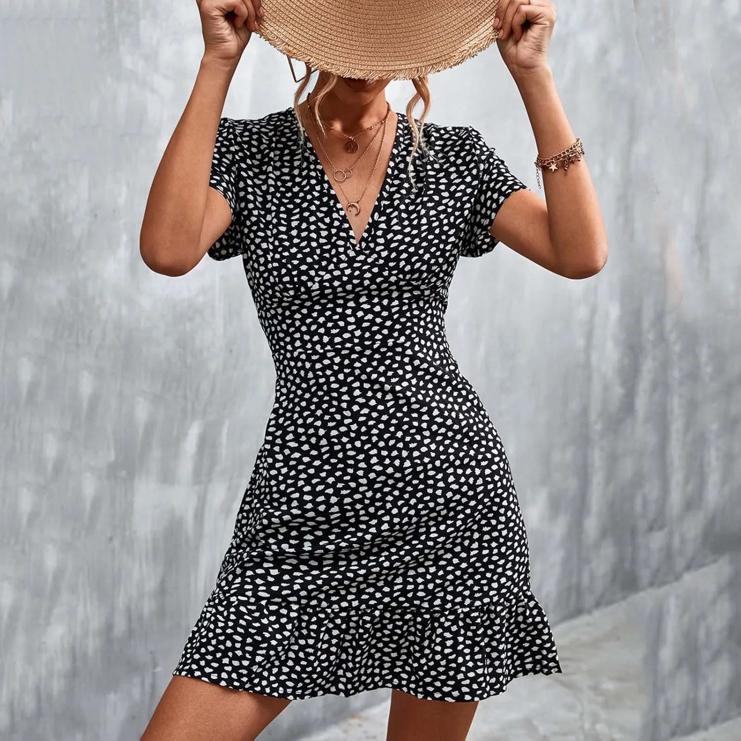 Womens Summer V Neck Bohemian Floral Mini Dress Short Sleeve Ruffle Spring Summer Flowy Beach Boho Dresses