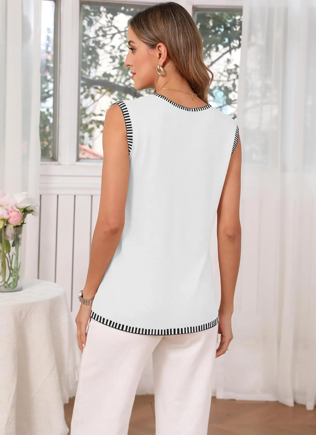 Womens Sweater Tank Top Vest V Neck Sleeveless Buttons Striped Knit Summer Tops Casual 2025 Shirts Blouses