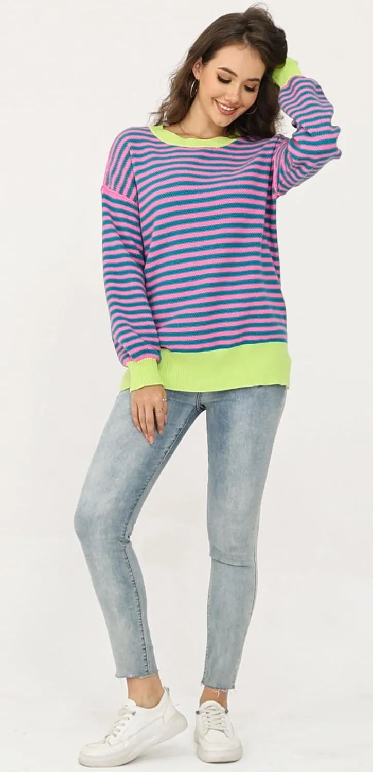 Womens Sweaters Fall 2025 Fashion Long Sleeve Color Block Oversized Sweater Trendy Casual Crew Neck Knitted Tops Pullover