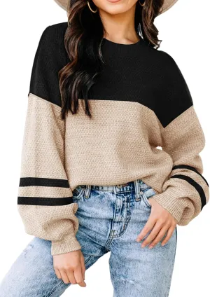 Womens Sweaters Fall 2025 Fashion Long Sleeve Color Block Oversized Sweater Trendy Casual Crew Neck Knitted Tops Pullover