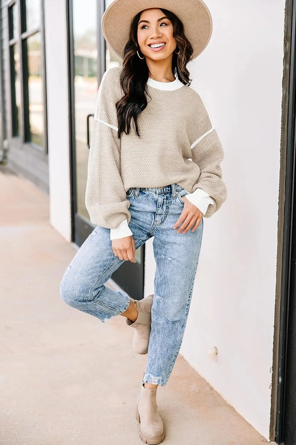 Womens Sweaters Fall 2025 Fashion Long Sleeve Color Block Oversized Sweater Trendy Casual Crew Neck Knitted Tops Pullover