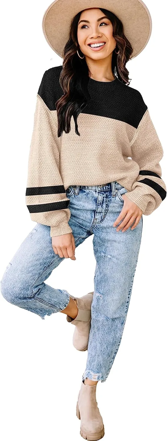Womens Sweaters Fall 2025 Fashion Long Sleeve Color Block Oversized Sweater Trendy Casual Crew Neck Knitted Tops Pullover