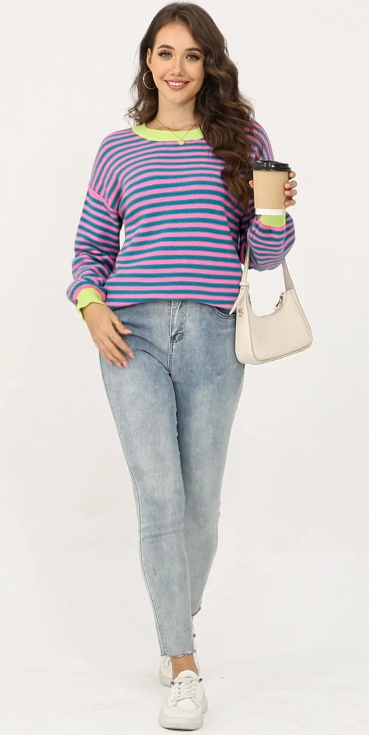 Womens Sweaters Fall 2025 Fashion Long Sleeve Color Block Oversized Sweater Trendy Casual Crew Neck Knitted Tops Pullover