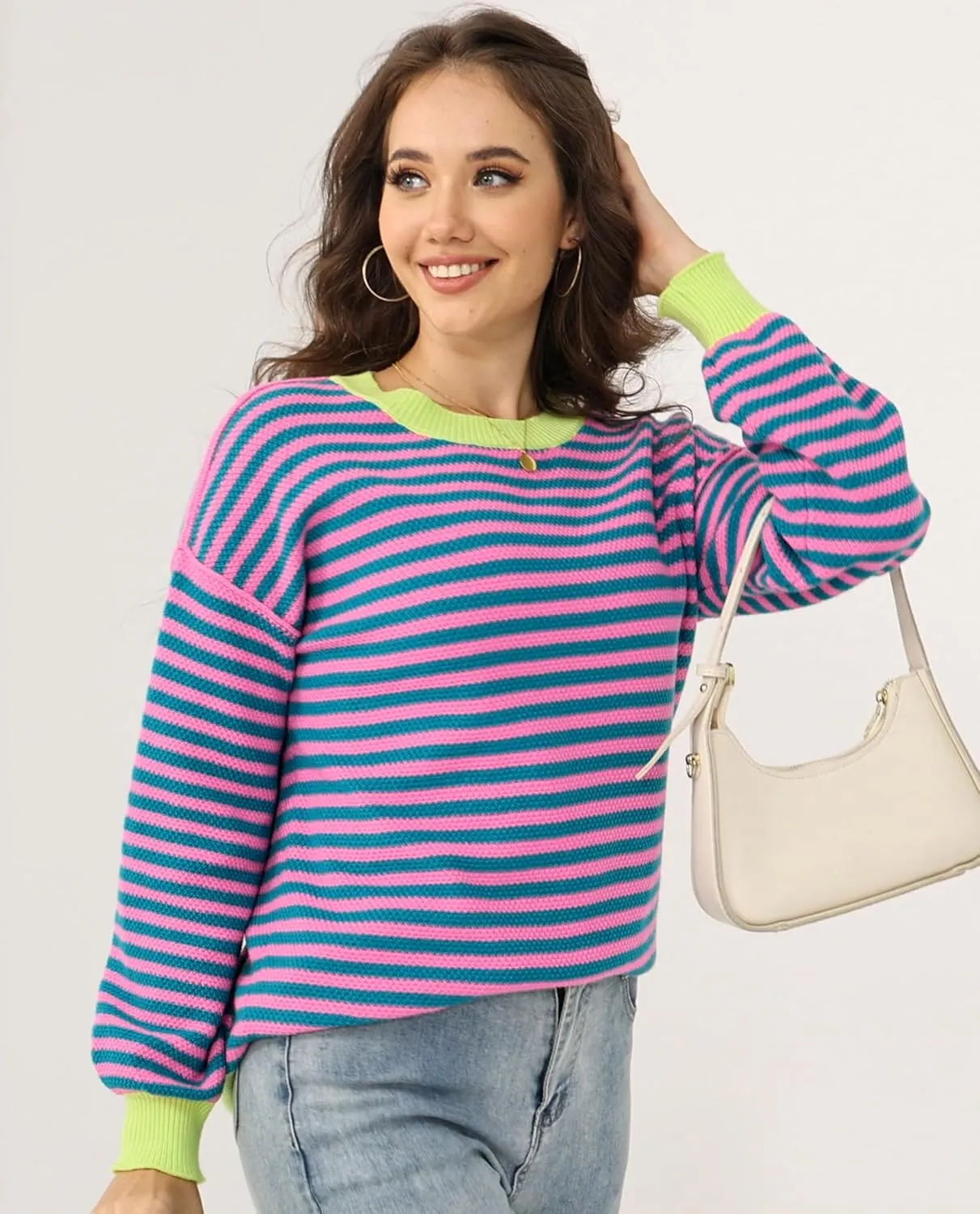Womens Sweaters Fall 2025 Fashion Long Sleeve Color Block Oversized Sweater Trendy Casual Crew Neck Knitted Tops Pullover