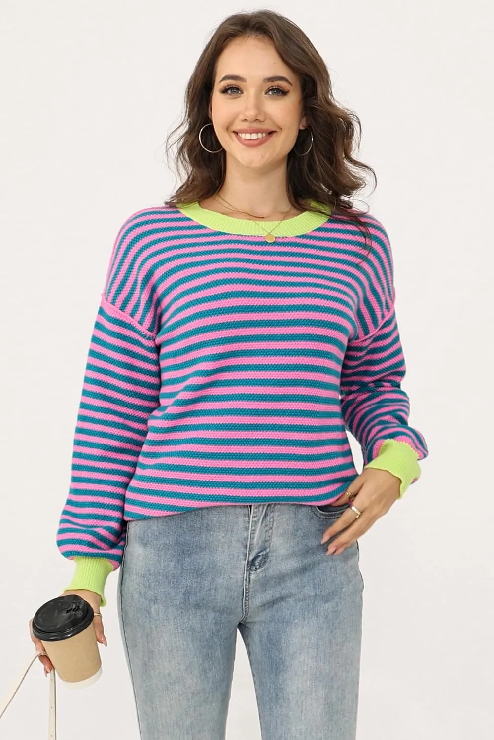 Womens Sweaters Fall 2025 Fashion Long Sleeve Color Block Oversized Sweater Trendy Casual Crew Neck Knitted Tops Pullover