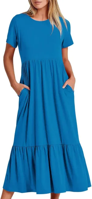 Womens Sweatshirts Sale Clearance Womens Summer Short Sleeve Crewneck Shirt Dress Casual Flowy Tiered Maxi Beach Dress with Pockets Elegant Long Dresses Summer Dresses Light Blue M