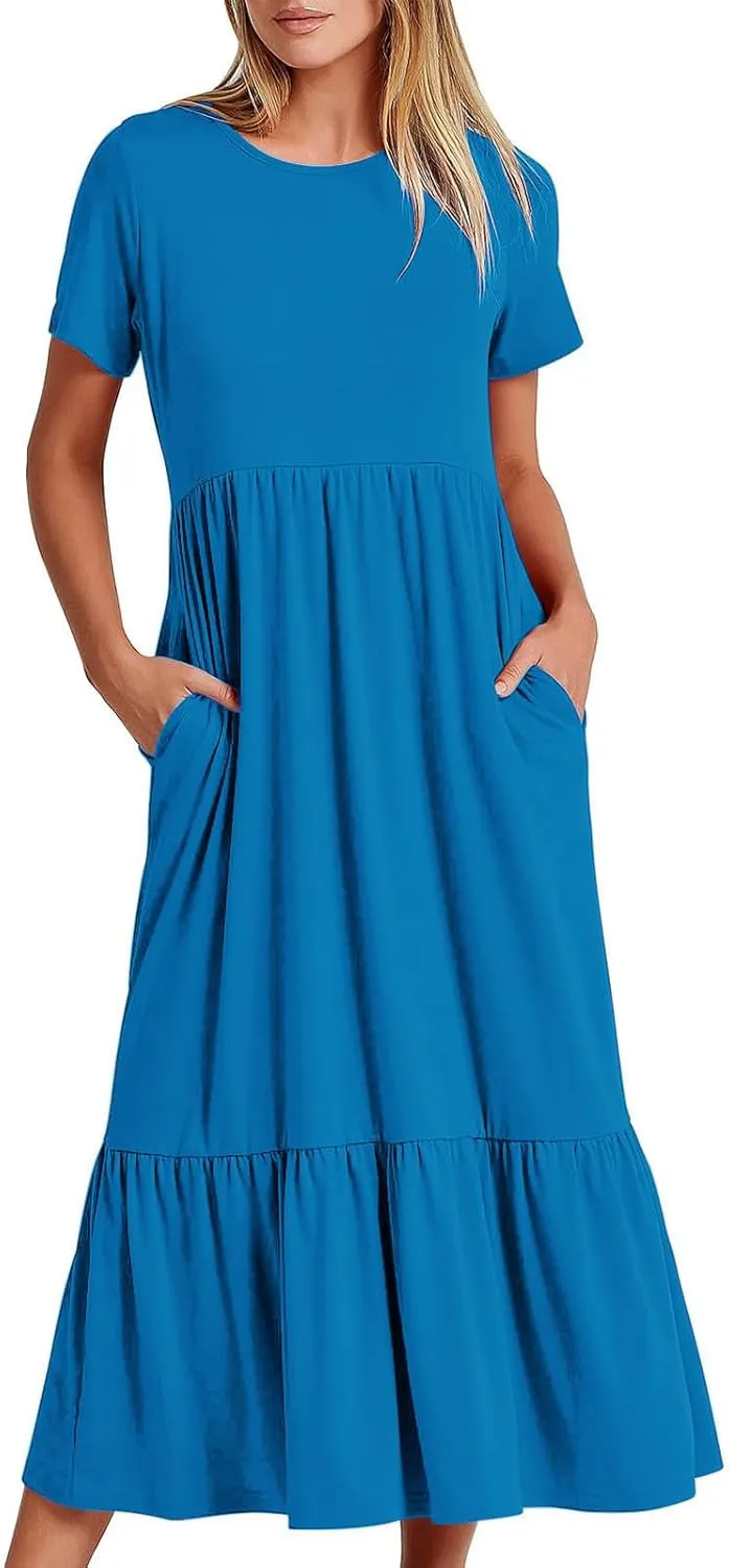 Womens Sweatshirts Sale Clearance Womens Summer Short Sleeve Crewneck Shirt Dress Casual Flowy Tiered Maxi Beach Dress with Pockets Elegant Long Dresses Summer Dresses Light Blue M