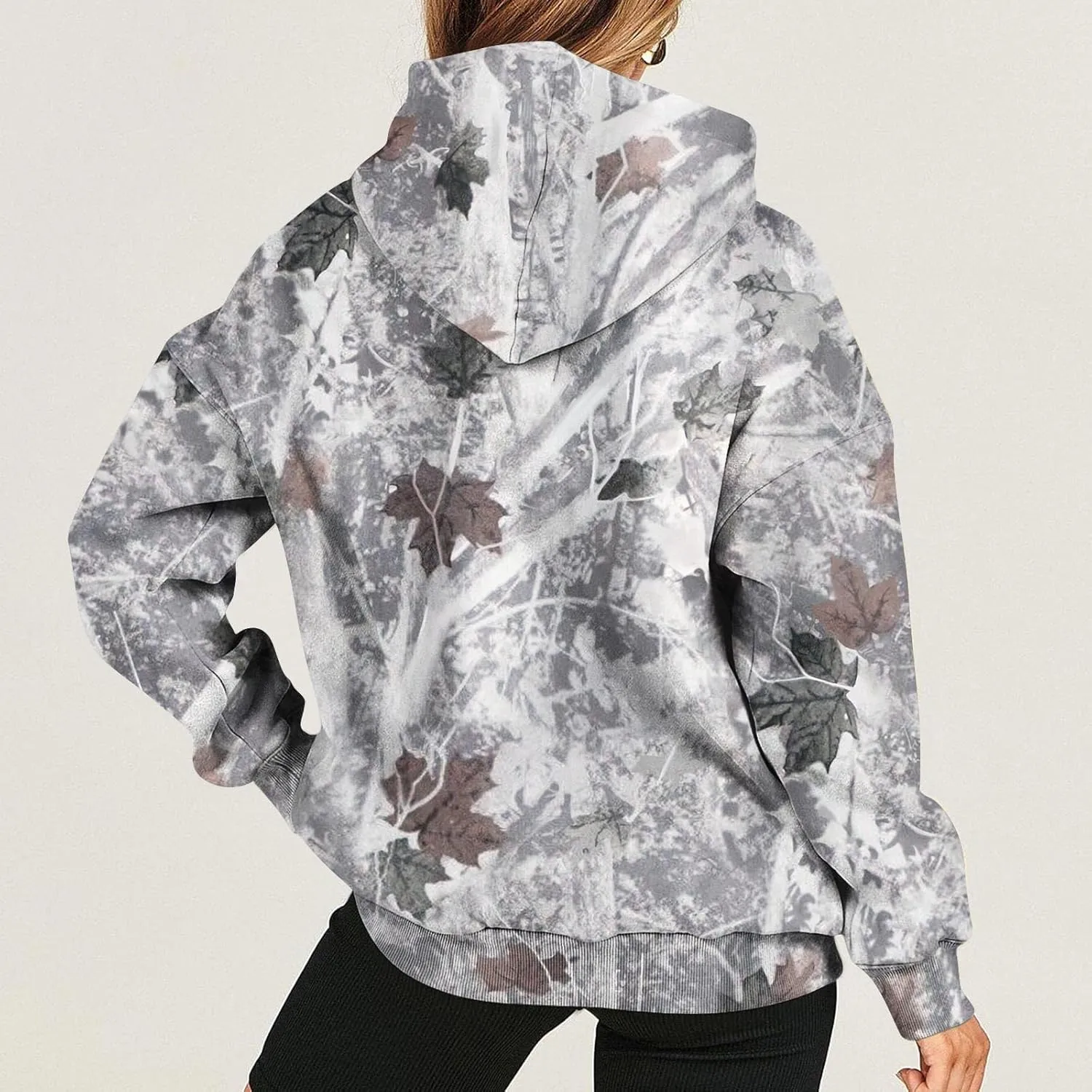 Womens Sweatshirts Trendy Camo Hoodie Maple-Leaf Print Hooded Long Sleeve Tops with Pocket Fall Clothes