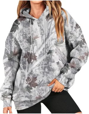 Womens Sweatshirts Trendy Camo Hoodie Maple-Leaf Print Hooded Long Sleeve Tops with Pocket Fall Clothes