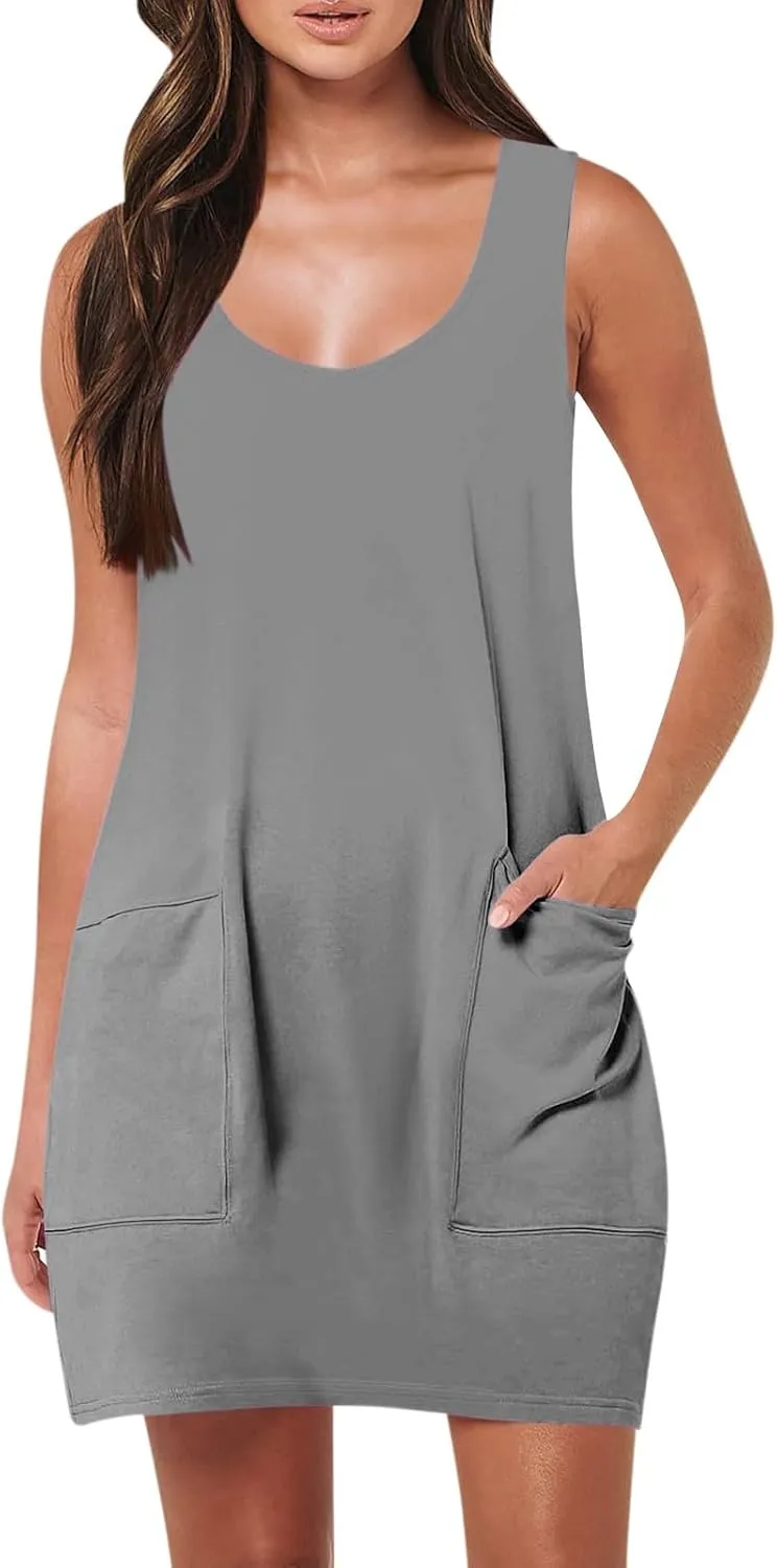 Womens Tank Dresses 2025 Summer Sleeveless Solid Color Sundress Casual A Line Beach Vacation Midi Dress with Pockets