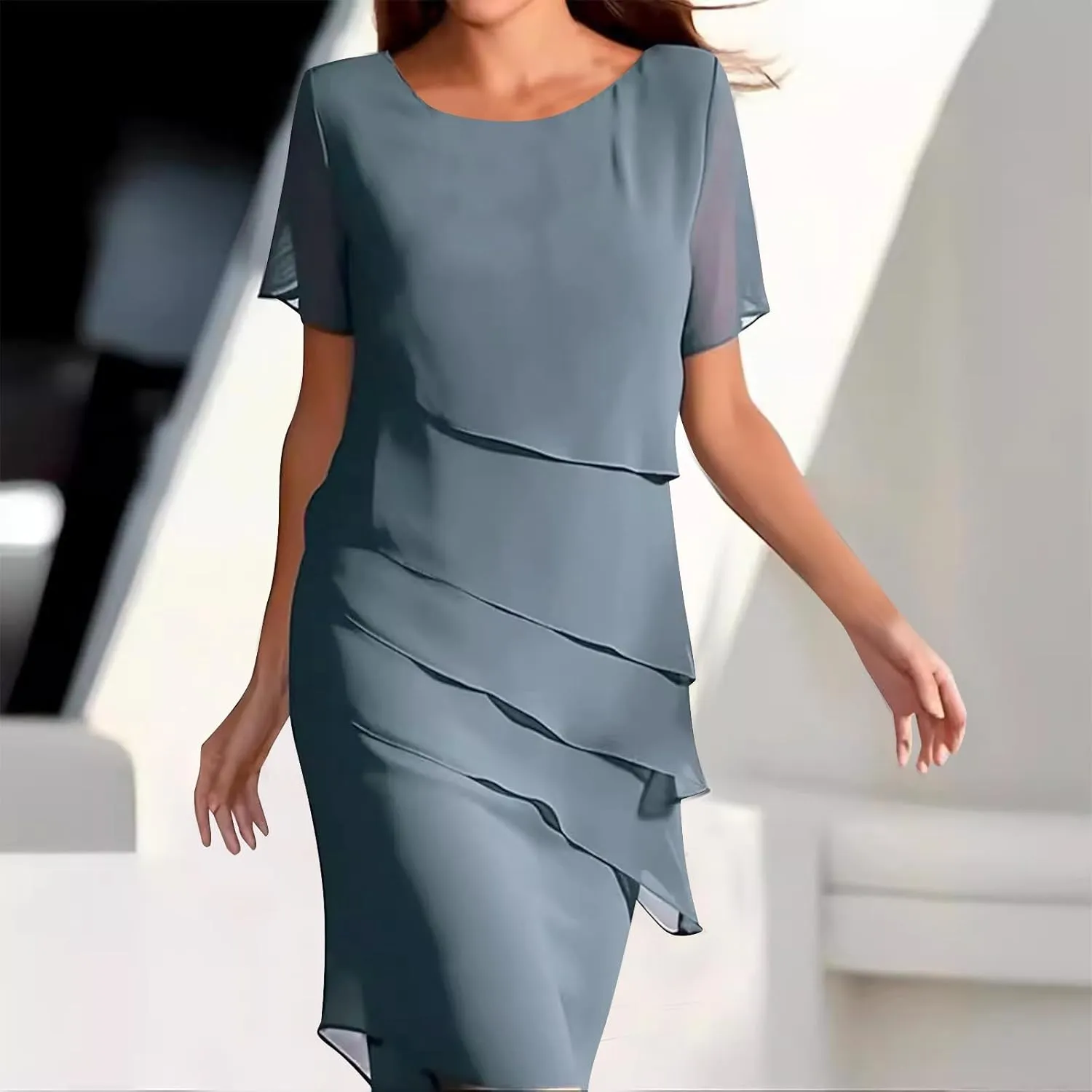 Women's Tiered Chiffon Dresses Pleated A Line Flowy Mini Dress Solid Color Long Dress Cocktail Party Evening Dresses