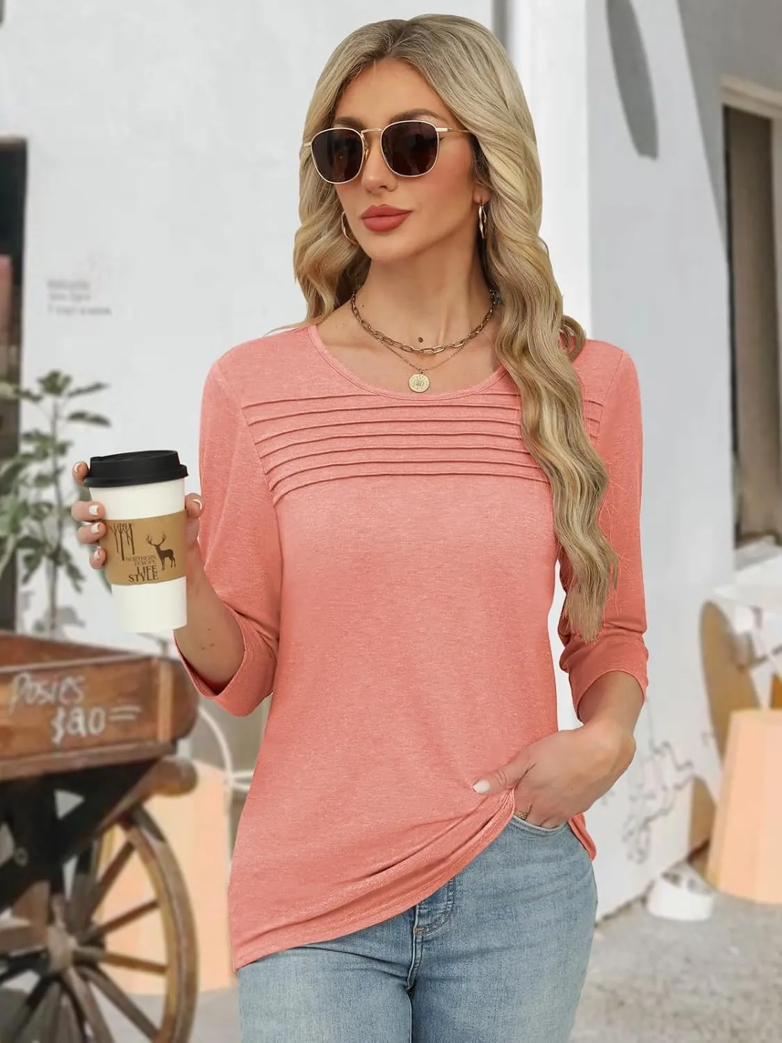 Womens Tops 3/4 Length Sleeve Tshirts Summer Dressy Casual Crew Neck Blouses Spring Pleated Clothes S-XXL
