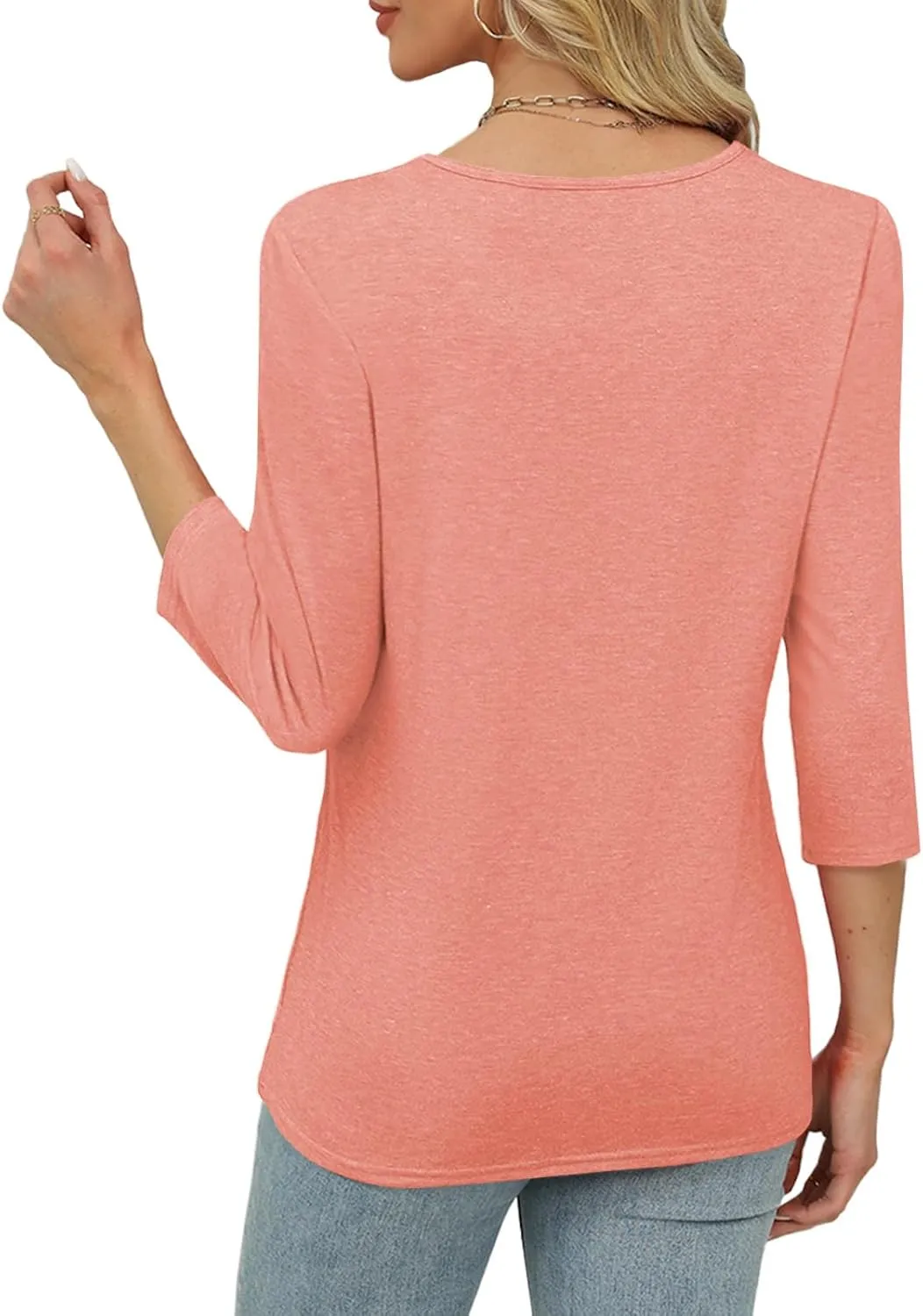 Womens Tops 3/4 Length Sleeve Tshirts Summer Dressy Casual Crew Neck Blouses Spring Pleated Clothes S-XXL