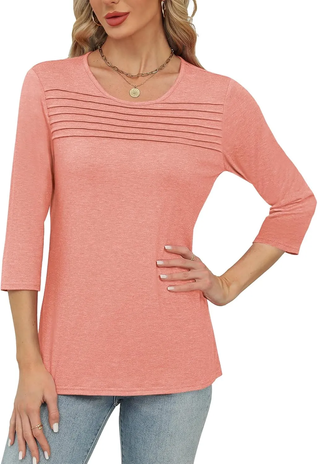Womens Tops 3/4 Length Sleeve Tshirts Summer Dressy Casual Crew Neck Blouses Spring Pleated Clothes S-XXL