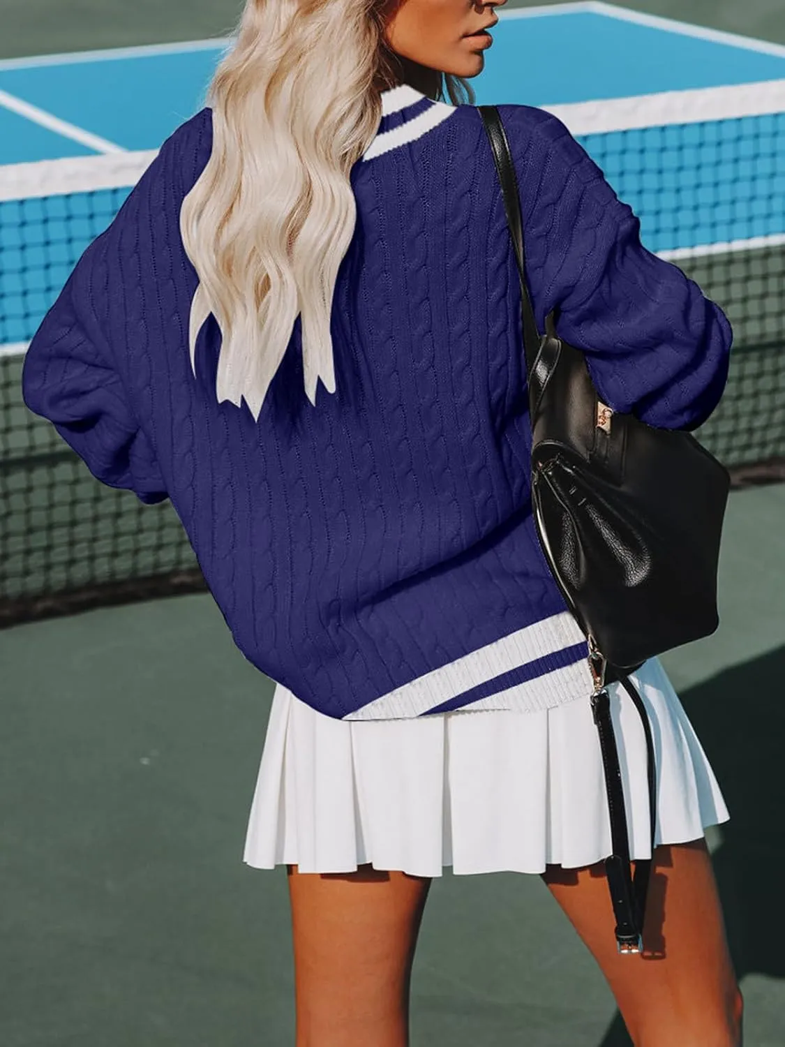 Womens V Neck Oversized Sweaters Long Sleeve Cable Knit Pullover Striped Chunky Sweater Casual Tennis Tunic Tops