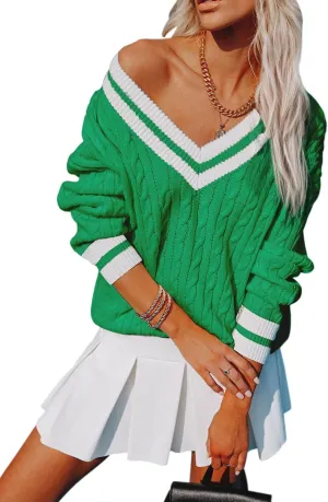 Womens V Neck Oversized Sweaters Long Sleeve Cable Knit Pullover Striped Chunky Sweater Casual Tennis Tunic Tops