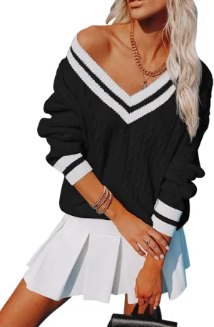 Womens V Neck Oversized Sweaters Long Sleeve Cable Knit Pullover Striped Chunky Sweater Casual Tennis Tunic Tops