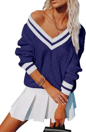 Womens V Neck Oversized Sweaters Long Sleeve Cable Knit Pullover Striped Chunky Sweater Casual Tennis Tunic Tops