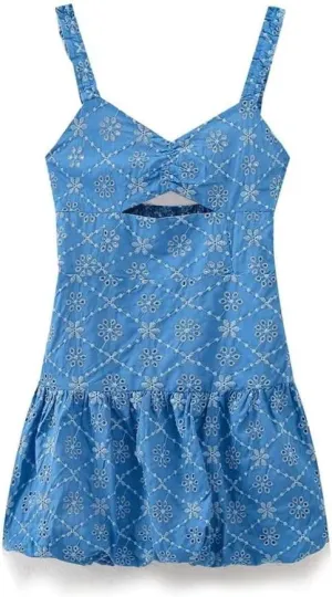 Women's Vintage Hollow Embroidery Mini Dress Blue M