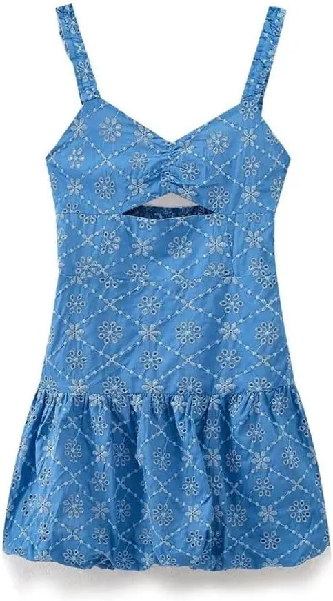 Women's Vintage Hollow Embroidery Mini Dress Blue M