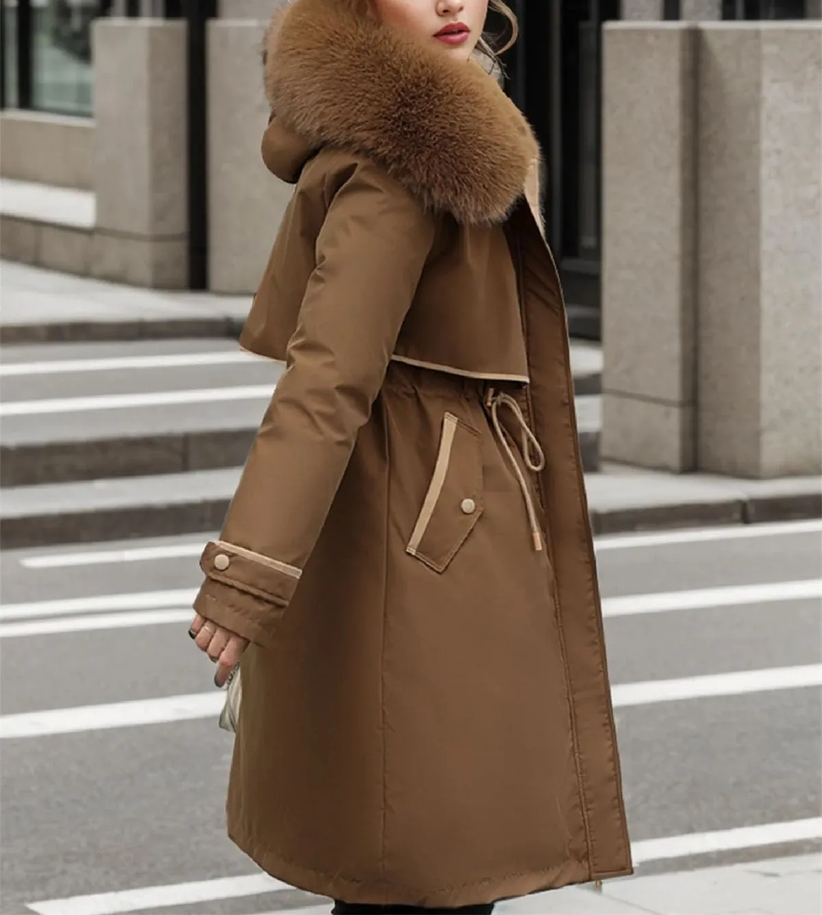 Women's Waist Drawstring Warm Parkas Coats Vintage Plush Hooded Long Cotton-Padded Jacket