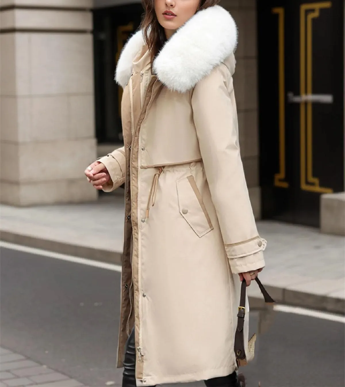 Women's Waist Drawstring Warm Parkas Coats Vintage Plush Hooded Long Cotton-Padded Jacket
