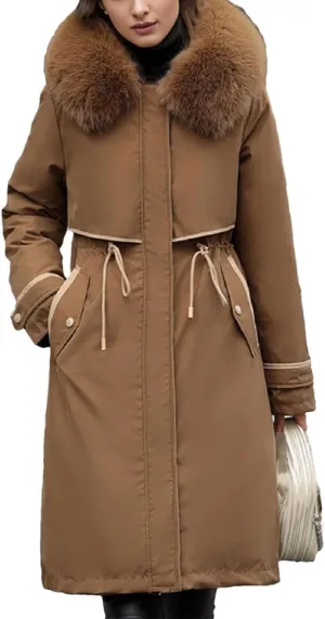 Women's Waist Drawstring Warm Parkas Coats Vintage Plush Hooded Long Cotton-Padded Jacket