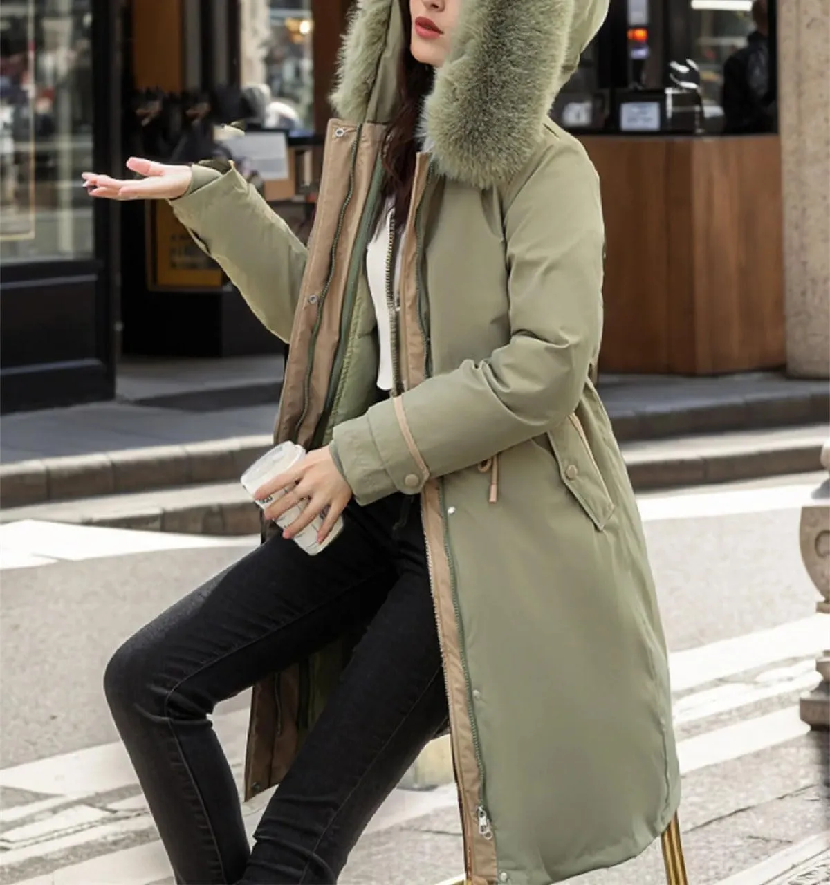 Women's Waist Drawstring Warm Parkas Coats Vintage Plush Hooded Long Cotton-Padded Jacket