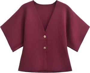 Wyeysyt Short Sleeve Cardigans for Women, Knit V-Neck Button Front Solid Color Sweater Top