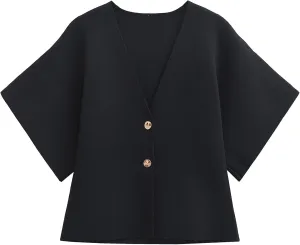 Wyeysyt Short Sleeve Cardigans for Women, Knit V-Neck Button Front Solid Color Sweater Top