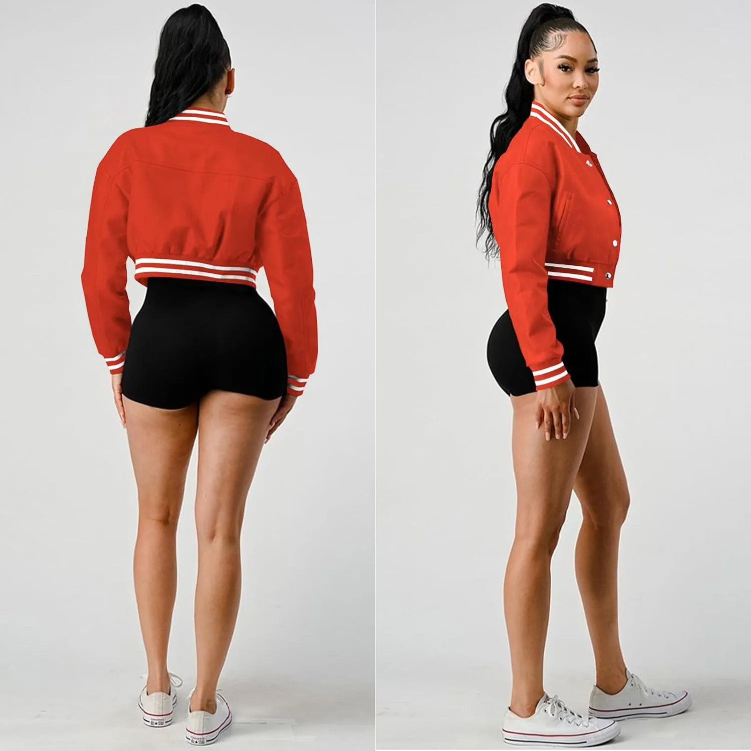 Xaspee Varsity Bomber Jacket Women Causal Baseball Crop Top Letterman Faux Leather Snap Button Sports Outwear Jackets