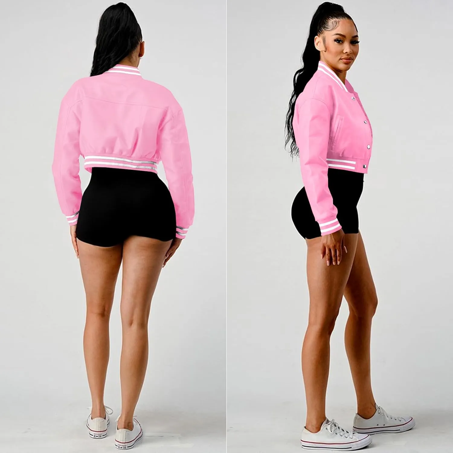 Xaspee Varsity Bomber Jacket Women Causal Baseball Crop Top Letterman Faux Leather Snap Button Sports Outwear Jackets