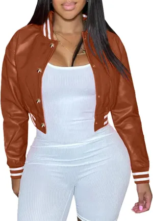 Xaspee Varsity Bomber Jacket Women Causal Baseball Crop Top Letterman Faux Leather Snap Button Sports Outwear Jackets