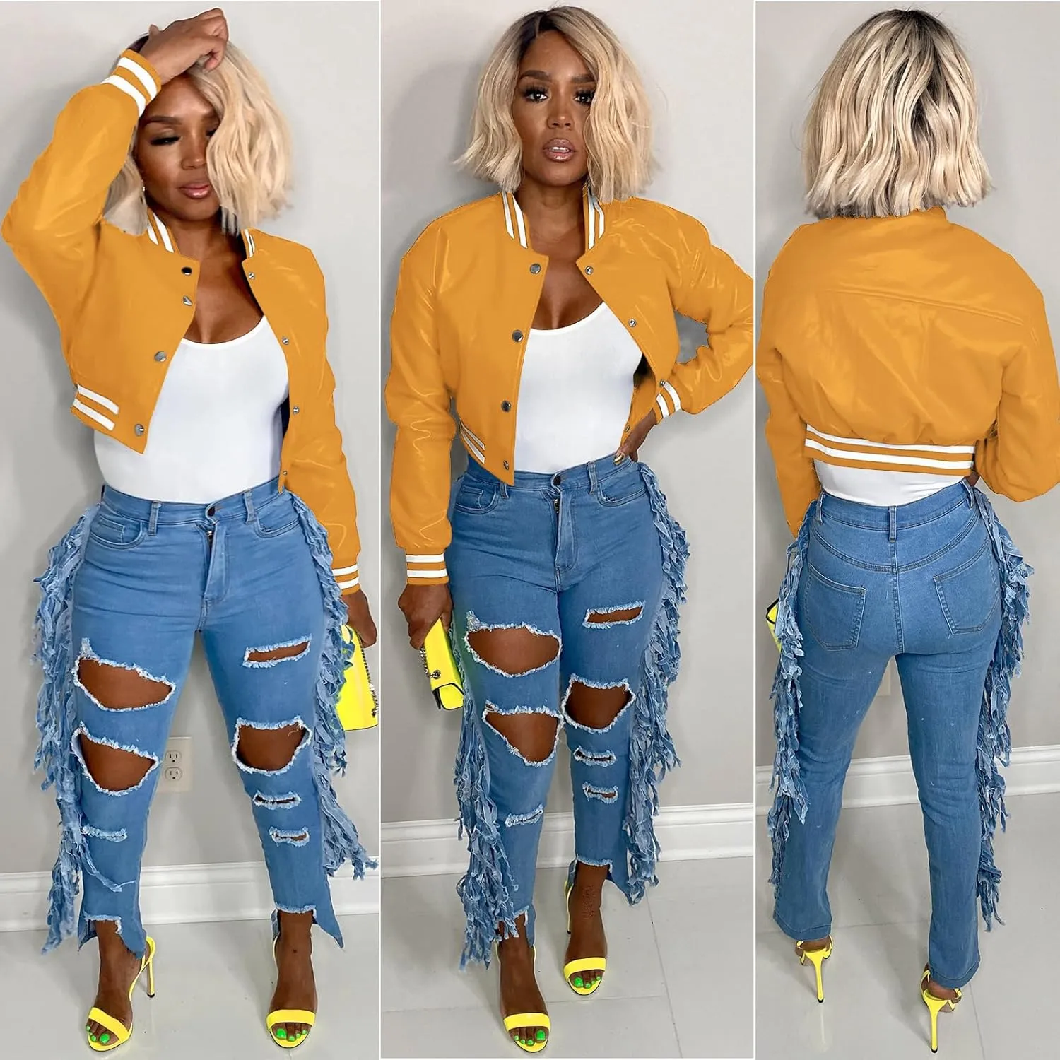 Xaspee Varsity Bomber Jacket Women Causal Baseball Crop Top Letterman Faux Leather Snap Button Sports Outwear Jackets