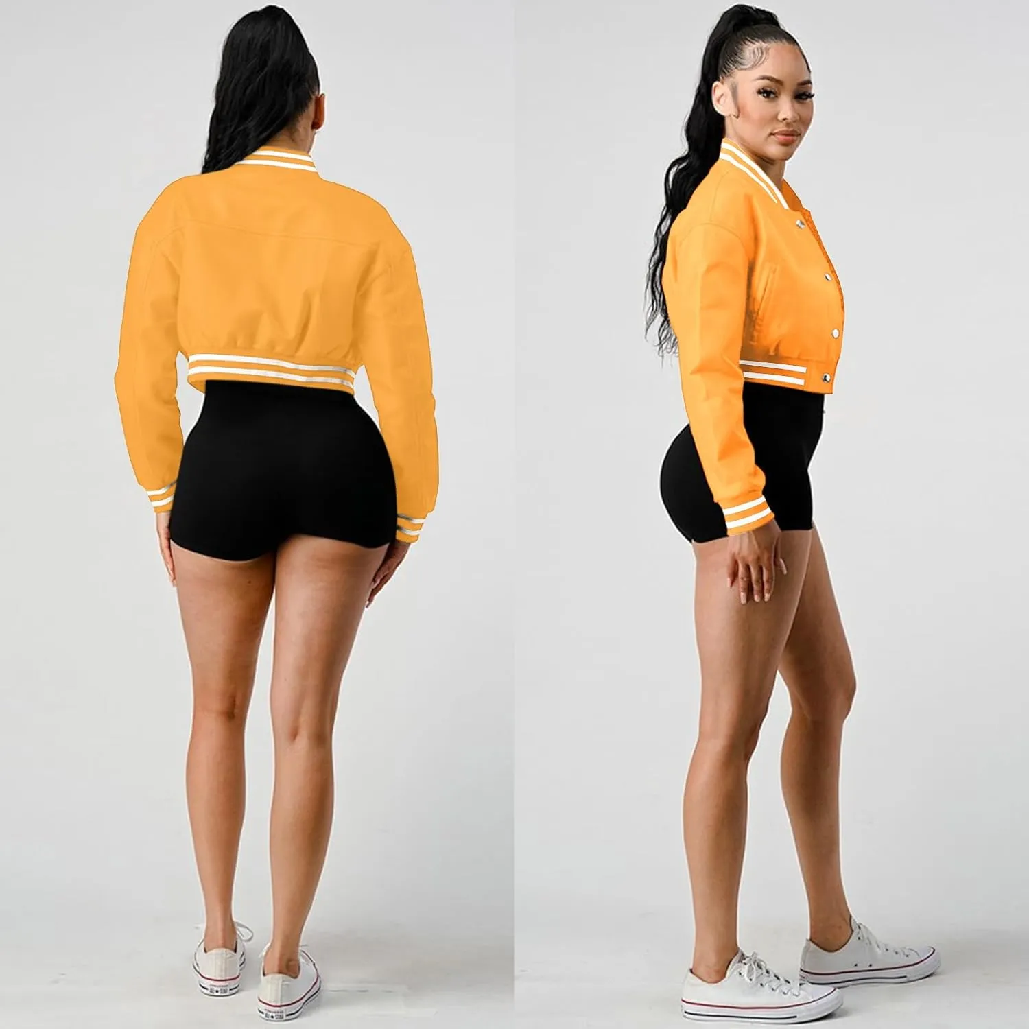 Xaspee Varsity Bomber Jacket Women Causal Baseball Crop Top Letterman Faux Leather Snap Button Sports Outwear Jackets