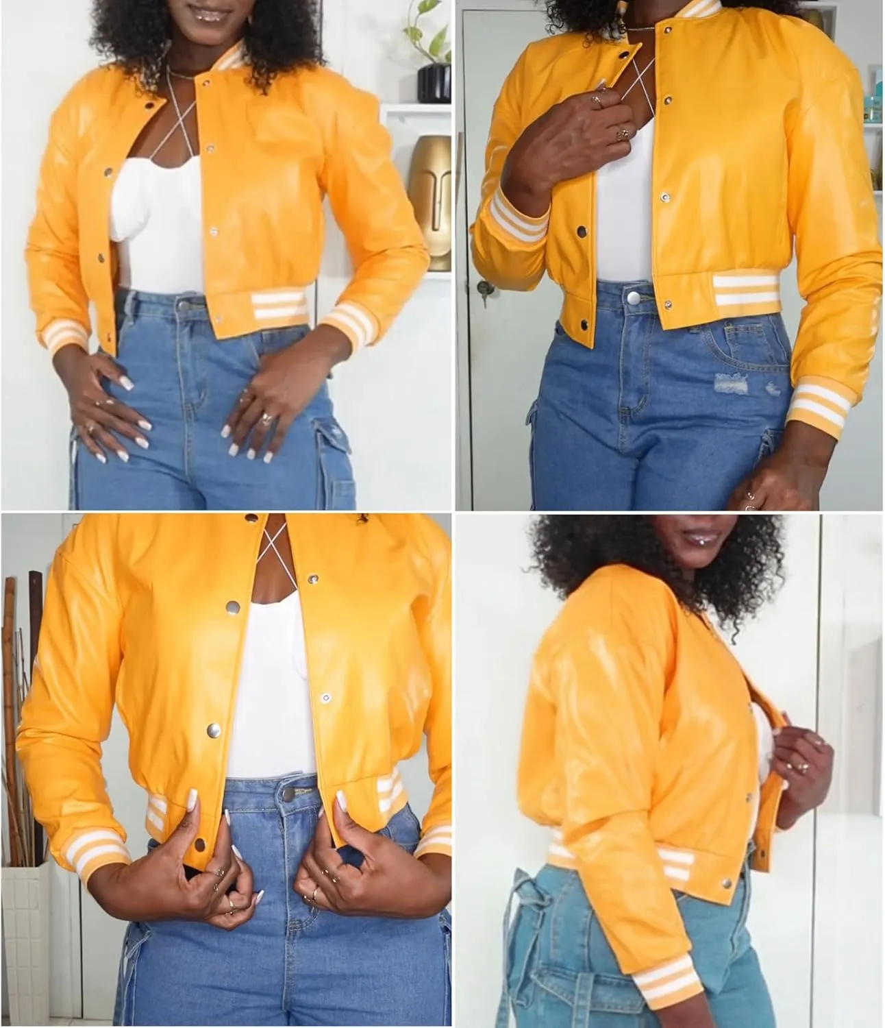 Xaspee Varsity Bomber Jacket Women Causal Baseball Crop Top Letterman Faux Leather Snap Button Sports Outwear Jackets