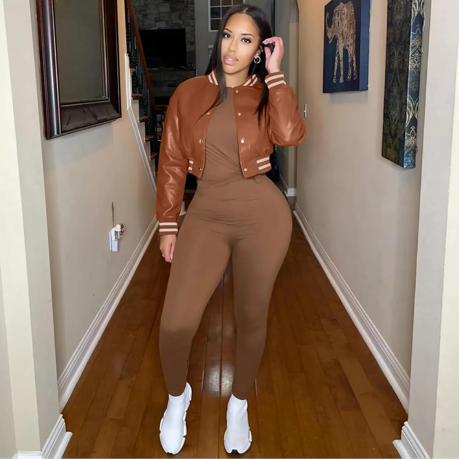 Xaspee Varsity Bomber Jacket Women Causal Baseball Crop Top Letterman Faux Leather Snap Button Sports Outwear Jackets
