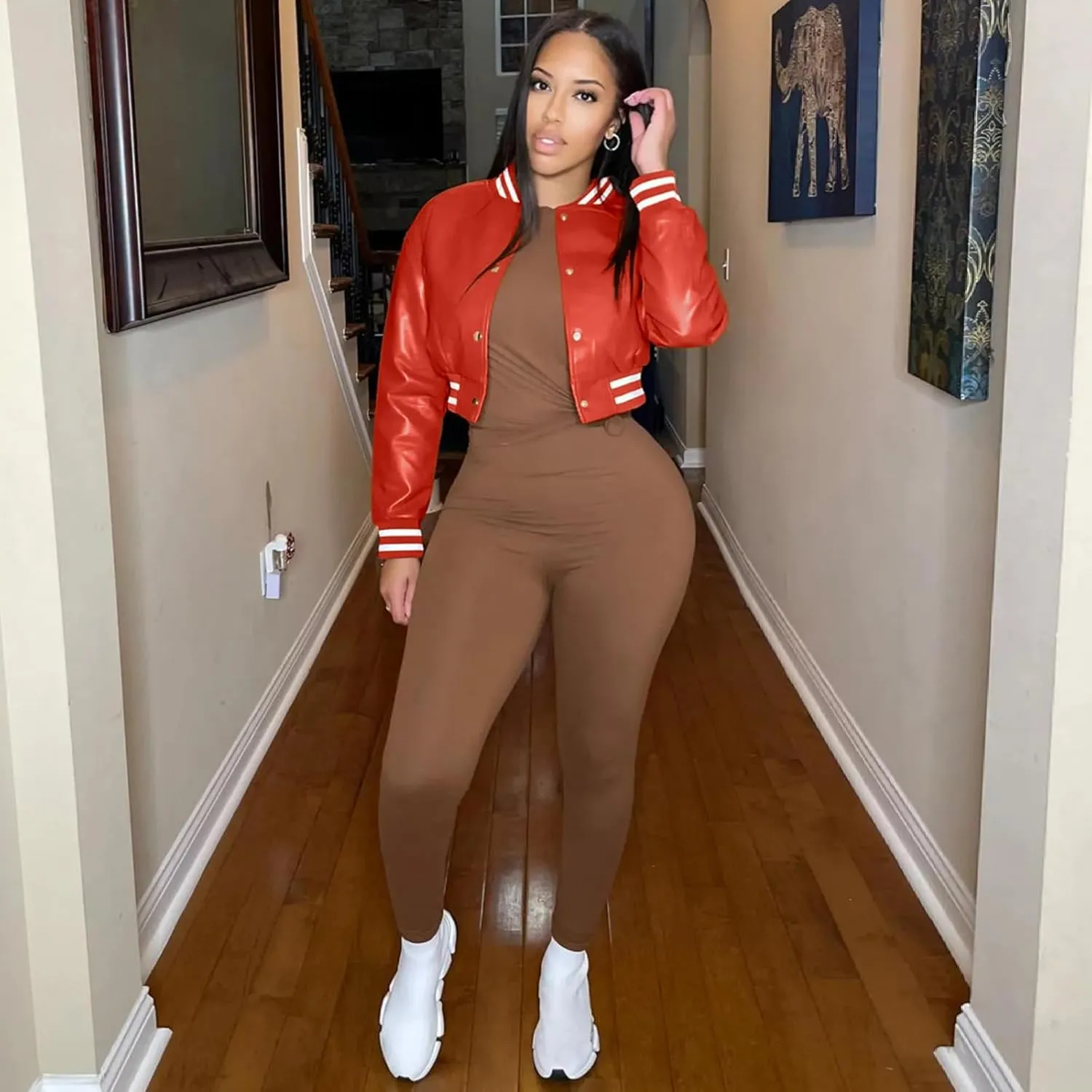 Xaspee Varsity Bomber Jacket Women Causal Baseball Crop Top Letterman Faux Leather Snap Button Sports Outwear Jackets